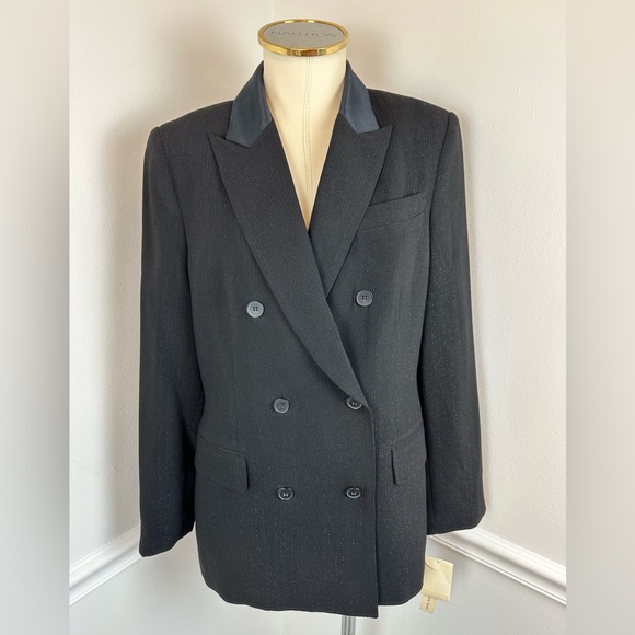 AMANDA SMITH Vintage Black Double Breasted Blazer NWT Satin & Metallic | Size 10 - Picture 1 of 13